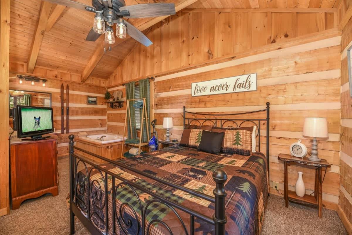View! Cozy, Private, Fireplace, Hot Tub Log Cabin, Honeymoon! 세비어빌 외부 사진